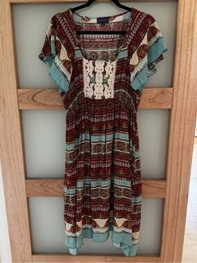 Boho Midi Dress in Teal and Burgundy